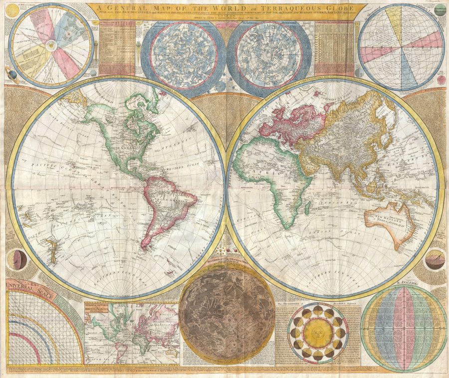 Fotomural 1794 Samuel Dunn Wall Map of the World in Hemispheres - Geographicus - World2-dunn-1794 — An absolutely stunning and monumental double hemisphere wall map of th