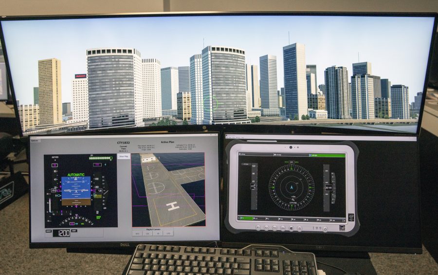 Fotomural Air taxi urban air space simulation control screens from the pilot perspective