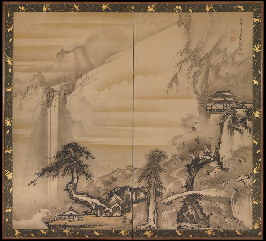 Fotomural Chinese Scholar Contemplating a Waterfall