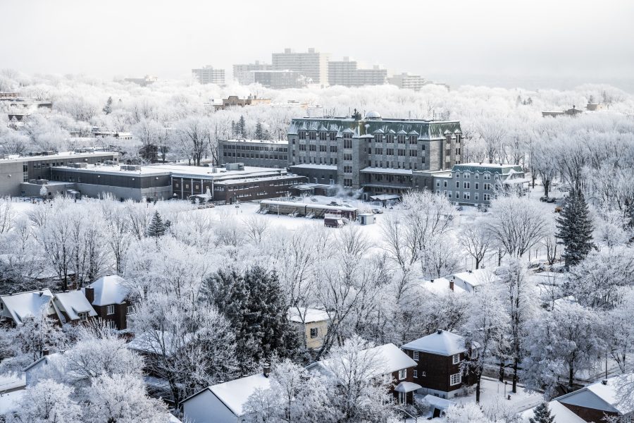 Fotomural Snow-covered Quebec City skyline in fog