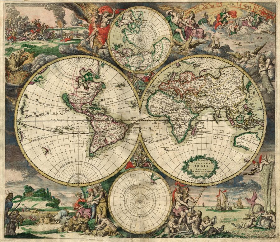 Fotomural World Map 1689 — World map - Produced in Amsterdam
First edition : 1689. Original size : 48.3 x 56.0 cm. Produced using copper engraving. Extremely rare set of